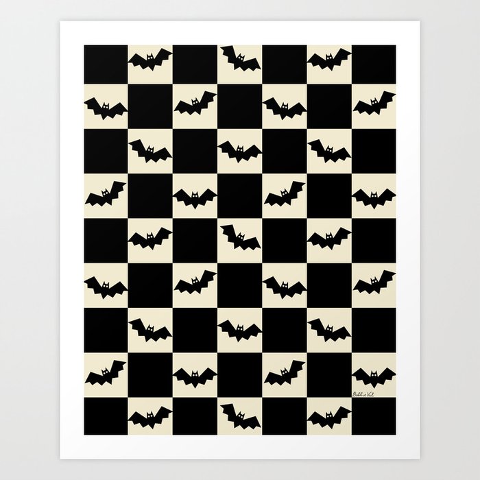 Checkered Halloween Bats Black and White Art Print
