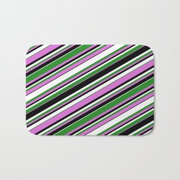 [ Thumbnail: Forest Green, Orchid, Black & White Colored Striped/Lined Pattern Bath Mat ]