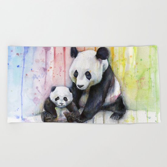 Pandas and Rainbow Watercolor Mom and Baby Panda Nursery Animals Beach Towel