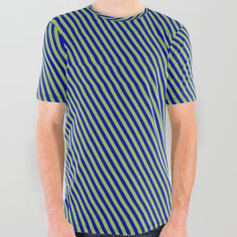 [ Thumbnail: Blue & Green Colored Stripes/Lines Pattern All Over Graphic Tee ]
