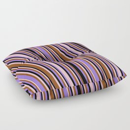 [ Thumbnail: Pink, Brown, Purple & Black Colored Lined Pattern Floor Pillow ]