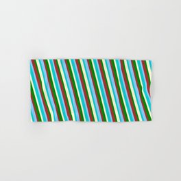 [ Thumbnail: Colorful Brown, Light Sky Blue, Dark Turquoise, Light Yellow & Green Colored Lined/Striped Pattern Hand & Bath Towel ]