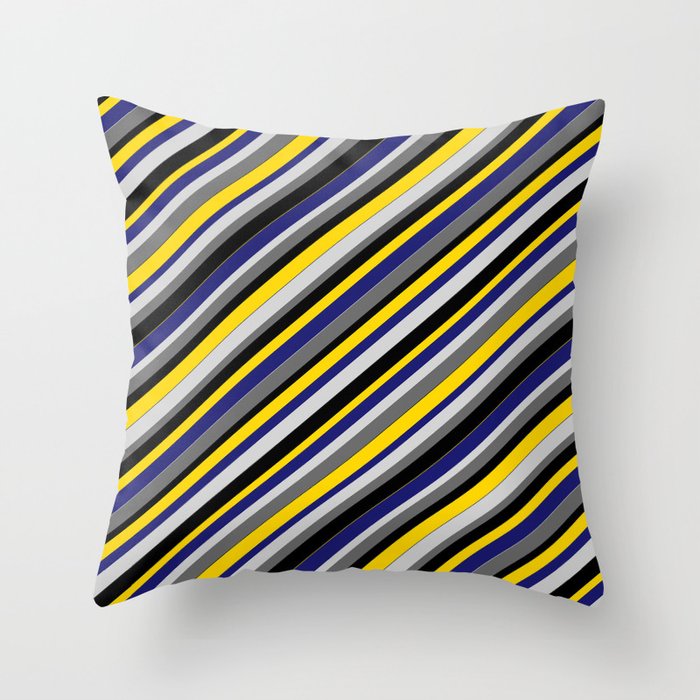 Vibrant Light Gray, Dim Gray, Black, Yellow, and Midnight Blue Colored Stripes Pattern Throw Pillow