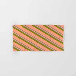 [ Thumbnail: Light Salmon, Grey & Green Colored Lined/Striped Pattern Hand & Bath Towel ]