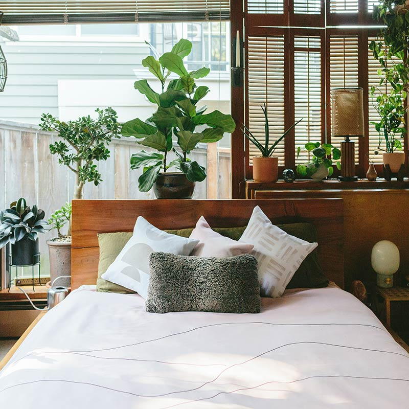 minimalist white duvet cover on a bed in a room with plants