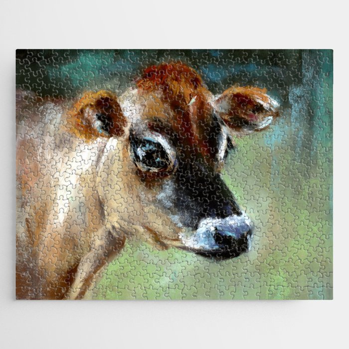 Jersey Cow in Burnt Sienna and Teal Jigsaw Puzzle