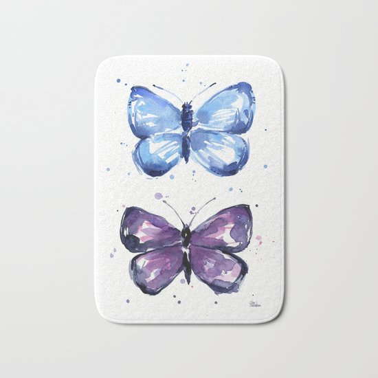 Butterflies Watercolor Blue and Purple Butterfly Bath Mat