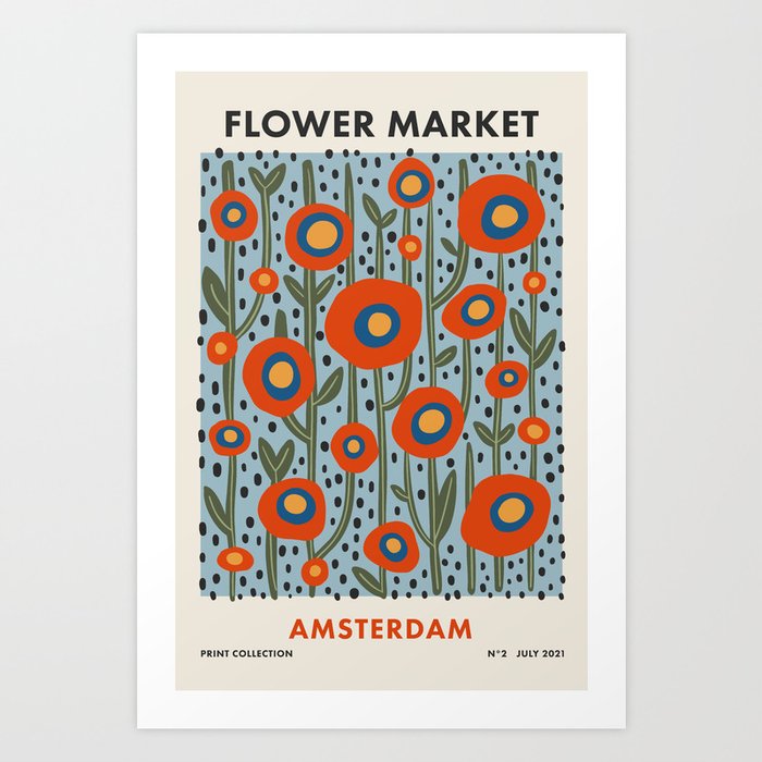 Flower Market Amsterdam, Modern Retro Flower Print Art Print
