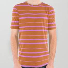 [ Thumbnail: Chocolate and Violet Colored Striped Pattern All Over Graphic Tee ]