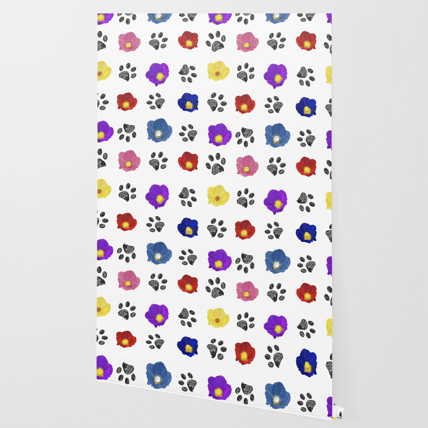 Primulaceae Colorful Flowers And Hand Drawn Paw Print Pattern