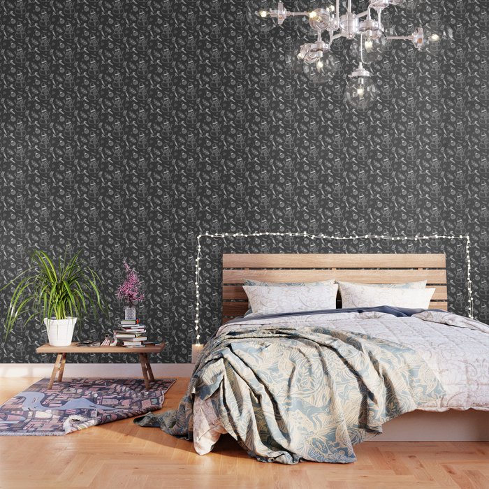 Dark Grey and White Christmas Snowman Doodle Pattern Wallpaper