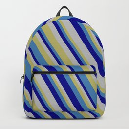 [ Thumbnail: Dark Khaki, Blue, Dark Blue & Grey Colored Lines/Stripes Pattern Backpack ]