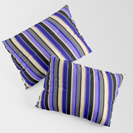 [ Thumbnail: Vibrant Dim Grey, Dark Blue, Medium Slate Blue, Tan & Black Colored Striped Pattern Pillow Sham ]