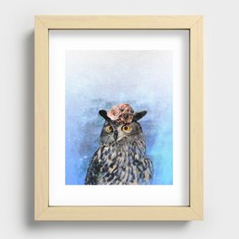 Painting of cute owl with flowers on his head (blue background) - nature Recessed Framed Print