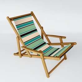 [ Thumbnail: Dark Sea Green, Dark Cyan, Bisque, and Black Colored Striped Pattern Sling Chair ]