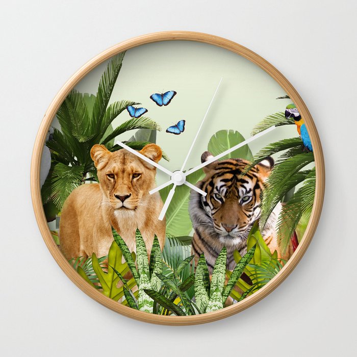 Lion Tiger Tropical Jungle Palm Banana Leaves Macaw Birds Butterflies Wall Clock