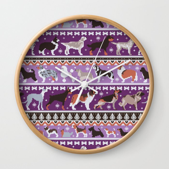 Fluffy and bright fair isle knitting doggie friends // seance purple and east side violet background brown orange white and grey dog breeds  Wall Clock