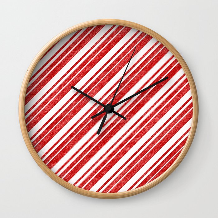 Velvety Red Candy Cane Diagonal Christmas Stripe Wall Clock