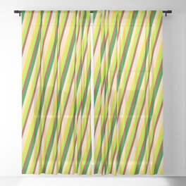 [ Thumbnail: Vibrant Beige, Yellow, Chartreuse, Red & Green Colored Pattern of Stripes Sheer Curtain ]