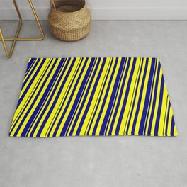 [ Thumbnail: Yellow and Dark Blue Colored Striped Pattern Rug ]