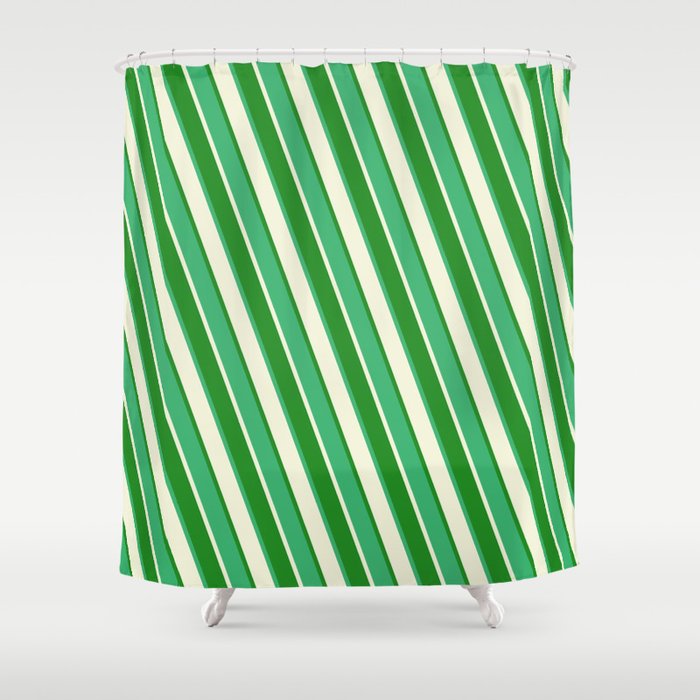 Sea Green, Beige, and Forest Green Colored Lined Pattern Shower Curtain