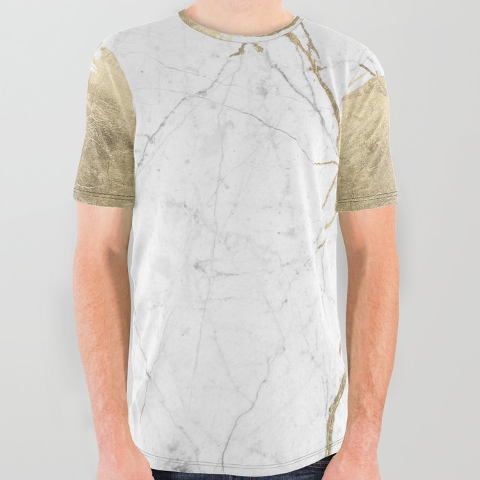 Abstract black white gold brushstrokes marble All Over Graphic Tee