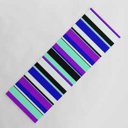 [ Thumbnail: Dark Violet, Aquamarine, Black, Mint Cream & Blue Colored Pattern of Stripes Yoga Mat ]