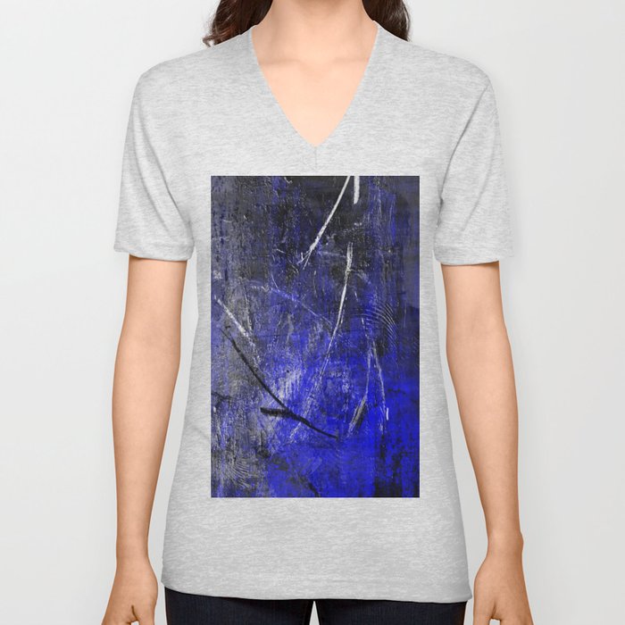 In The Dead Of Night - Textured Abstract In Blue, Black and White V Neck T Shirt