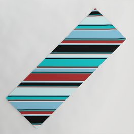 [ Thumbnail: Colorful Black, Dark Turquoise, Red, Light Cyan, and Sky Blue Colored Pattern of Stripes Yoga Mat ]