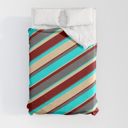 [ Thumbnail: Dim Grey, Aqua, Tan, and Maroon Colored Stripes Pattern Duvet Cover ]