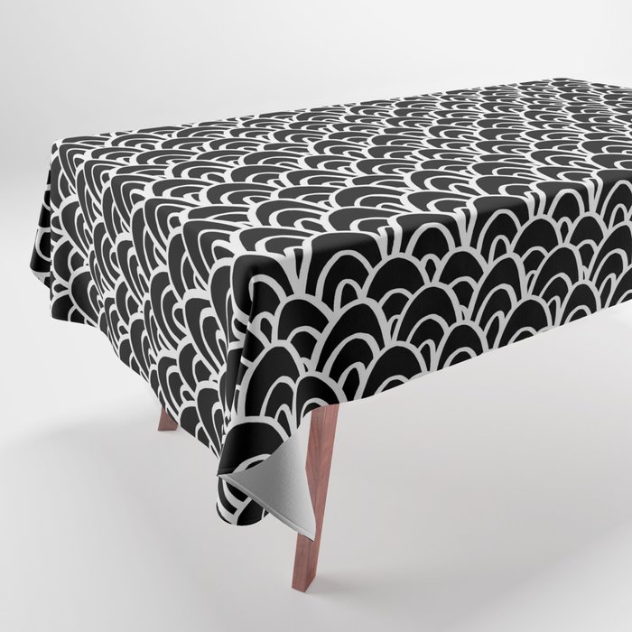 Seigaiha Mermaid Scales Pattern Shapes Black and White Tablecloth