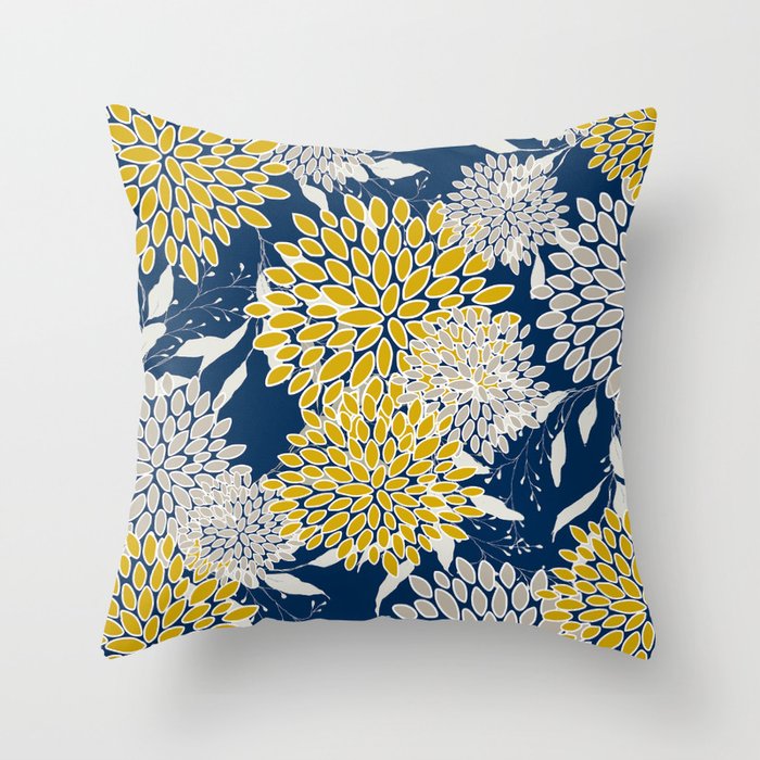 Floral Leaves and Blooms, Navy Blue, Yellow, Beige Throw Pillow