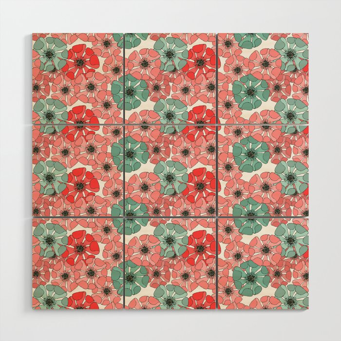 coral pink and mint green poppy floral arrangements Wood Wall Art
