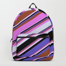 [ Thumbnail: Vibrant Violet, Lavender, Black, Slate Blue, and Sienna Colored Lines/Stripes Pattern Backpack ]