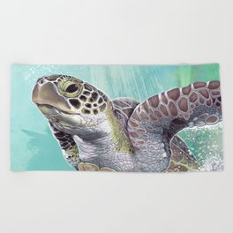 Green Sea Turtle Rides The Waves Beach Towel