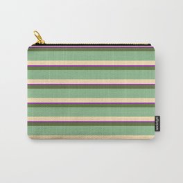 [ Thumbnail: Dark Olive Green, Dark Sea Green, Beige & Dark Violet Colored Lined/Striped Pattern Carry-All Pouch ]