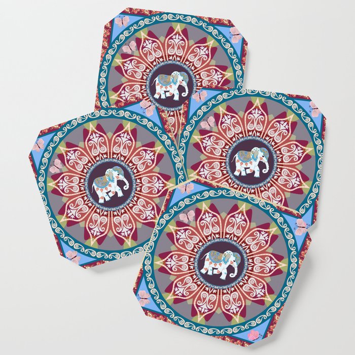 Beautiful square blanket in ethnic style with mandala flower,funny elephant and paisley border in. Indian,thai motives. Ethnic style.  Coaster