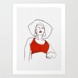 Lady in Red-  contour line illustration Art Print