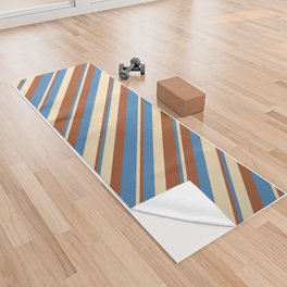 [ Thumbnail: Tan, Blue & Sienna Colored Stripes/Lines Pattern Yoga Towel ]