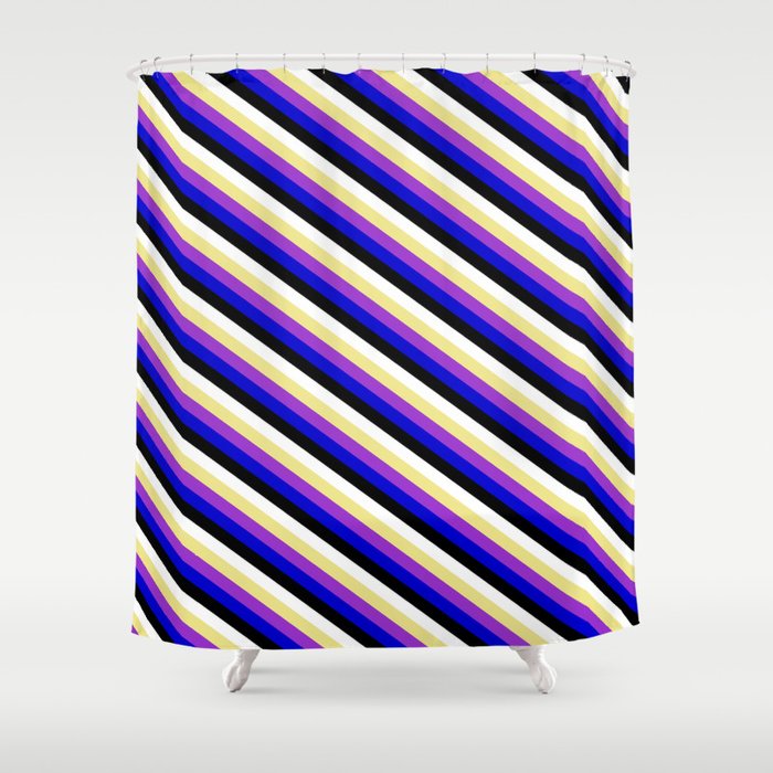 Eye-catching Tan, Dark Orchid, Blue, Black, and White Colored Pattern of Stripes Shower Curtain