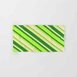 [ Thumbnail: Forest Green, Light Green, and Bisque Colored Striped/Lined Pattern Hand & Bath Towel ]