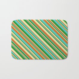 [ Thumbnail: Pale Goldenrod, Chocolate, Turquoise & Forest Green Colored Lines Pattern Bath Mat ]