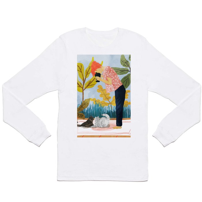 Saturday Afternoon | Cat Mom Pets Photography | Animals Kitten Picnic Watercolor Painting Long Sleeve T Shirt
