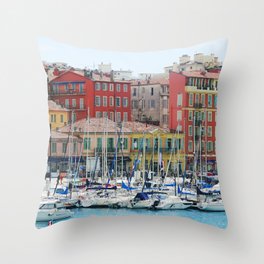Vibrant Colors of Nice, France | Colorful Buildings and Boats in Port Lympia Throw Pillow