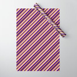 [ Thumbnail: Indigo, Goldenrod & Pink Colored Pattern of Stripes Wrapping Paper ]