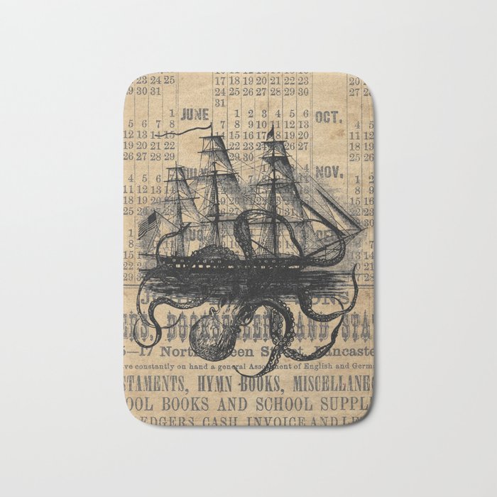 Octopus Kraken attacking Ship Antique Almanac Paper Badematte