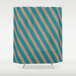 [ Thumbnail: Dark Cyan & Salmon Colored Stripes Pattern Shower Curtain ]