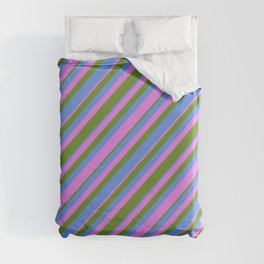 [ Thumbnail: Green, Cornflower Blue & Violet Colored Striped Pattern Duvet Cover ]