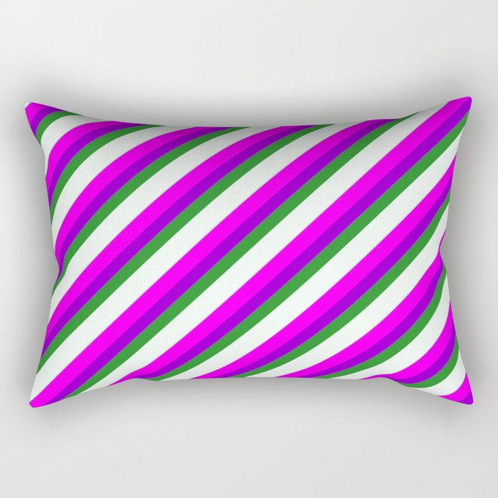Eye-catching Fuchsia, Dark Violet, Forest Green, Mint Cream, and Light Grey Colored Stripes Pattern Rectangular Pillow