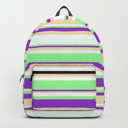 [ Thumbnail: Dark Orchid, Tan, Mint Cream, and Green Colored Stripes Pattern Backpack ]